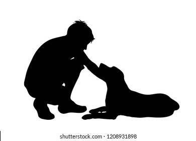 Vector silhouette of man with dog white background.