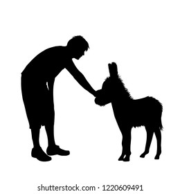 Vector silhouette of man with donkey white background.