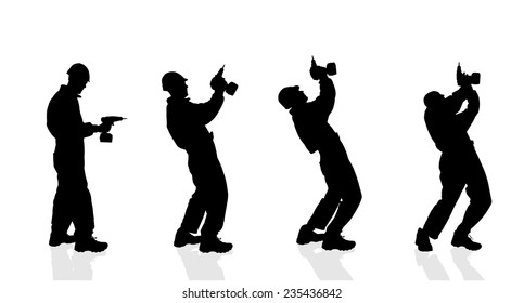 Vector silhouette of a man with a drill on a white background.