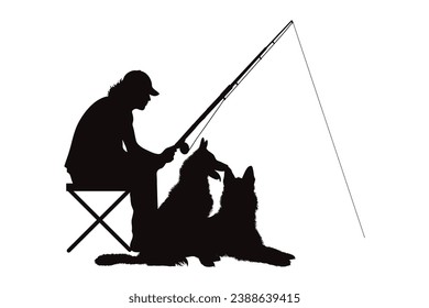 Vector silhouette of man fishing with his dog. Symbol of sport and nature.
