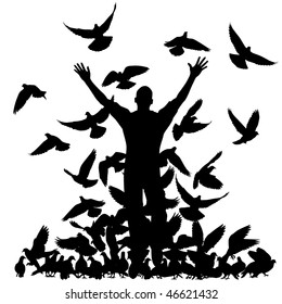 Vector silhouette of a man and flock of pigeons with all elements as separate objects