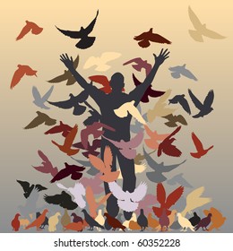 Vector silhouette of a man and flock of pigeons with all elements as separate objects