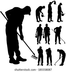 Vector Silhouette Of A Man With Garden Tools.