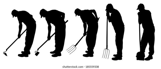 Vector silhouette of a man with garden tools.