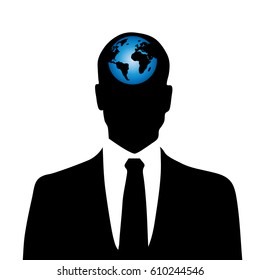 Vector silhouette of man with globe inside head.
