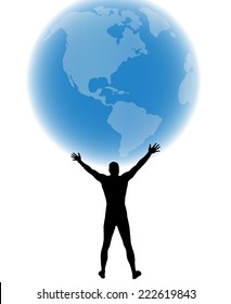 Vector silhouette of man with globe on white background.