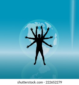 Vector silhouette of man with globe on white background.