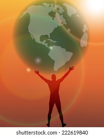 Vector silhouette of man with globe with sun.