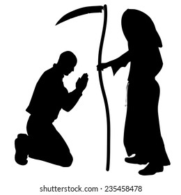 Vector silhouette of a man with the Grim Reaper on a white background.