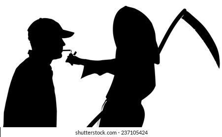 Vector silhouette of a man with the Grim Reaper on a white background.