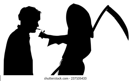 Vector silhouette of a man with the Grim Reaper on a white background.