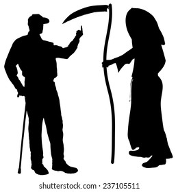 Vector silhouette of a man with the Grim Reaper on a white background.