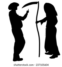 Vector silhouette of a man with the Grim Reaper on a white background.