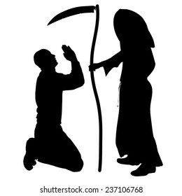 Vector silhouette of a man with the Grim Reaper on a white background.