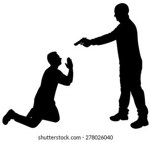Vector silhouette of a man with a gun to a hostage