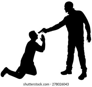 Vector silhouette of a man with a gun to a hostage