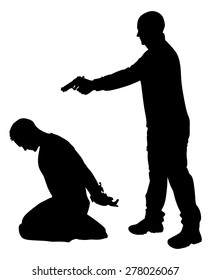 Vector silhouette of a man with a gun to a hostage