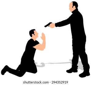 Vector silhouette of a man with a gun to a hostage