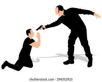 Vector silhouette of a man with a gun to a hostage