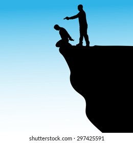 Vector silhouette of a man with a gun to a hostage on cliff 