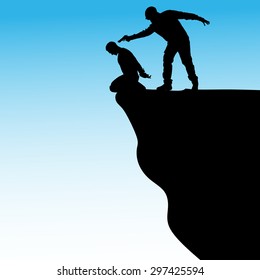 Vector silhouette of a man with a gun to a hostage on cliff 