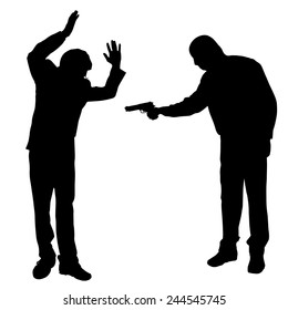 Vector silhouette of a man with a gun on a white background.