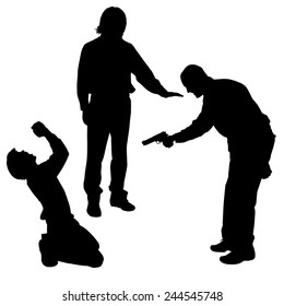 Vector silhouette of a man with a gun on a white background.