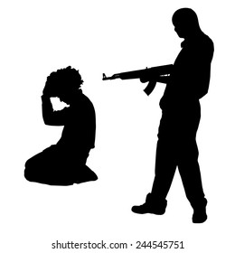 Vector silhouette of a man with a gun on a white background.