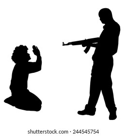 Vector silhouette of a man with a gun on a white background.