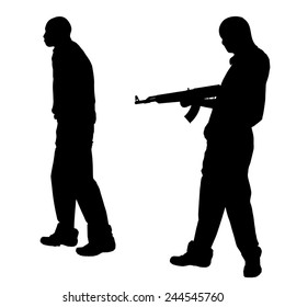 Vector silhouette of a man with a gun on a white background.