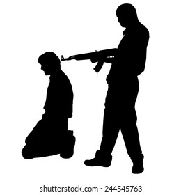 Vector silhouette of a man with a gun on a white background.
