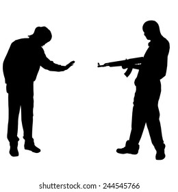 Vector silhouette of a man with a gun on a white background.
