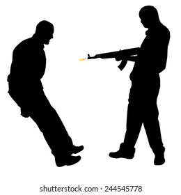 Vector silhouette of a man with a gun on a white background.
