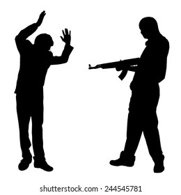 Vector silhouette of a man with a gun on a white background.
