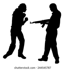 Vector silhouette of a man with a gun on a white background.