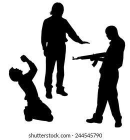 Vector silhouette of a man with a gun on a white background.