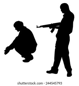 Vector silhouette of a man with a gun on a white background.