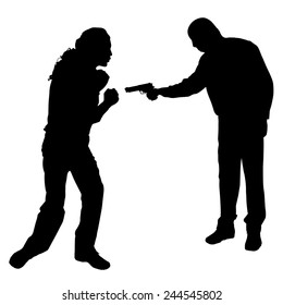 Vector silhouette of a man with a gun on a white background.