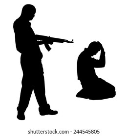 Vector silhouette of a man with a gun on a white background.