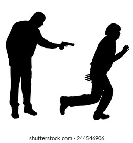 Vector silhouette of a man with a gun on a white background.