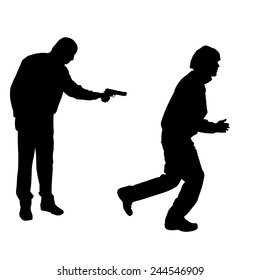 Vector silhouette of a man with a gun on a white background.