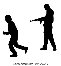Vector silhouette of a man with a gun on a white background.