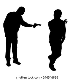Vector silhouette of a man with a gun on a white background.