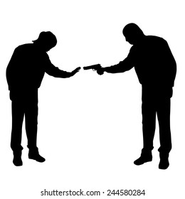 Vector silhouette of a man with a gun on a white background.