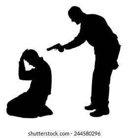 Vector silhouette of a man with a gun on a white background.
