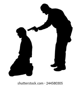 Vector silhouette of a man with a gun on a white background.