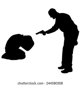 Vector silhouette of a man with a gun on a white background.