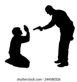 Vector silhouette of a man with a gun on a white background.