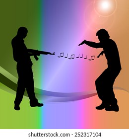 Vector silhouette of a man with a gun on a color background.