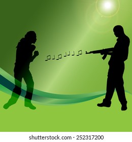 Vector silhouette of a man with a gun on a green background.